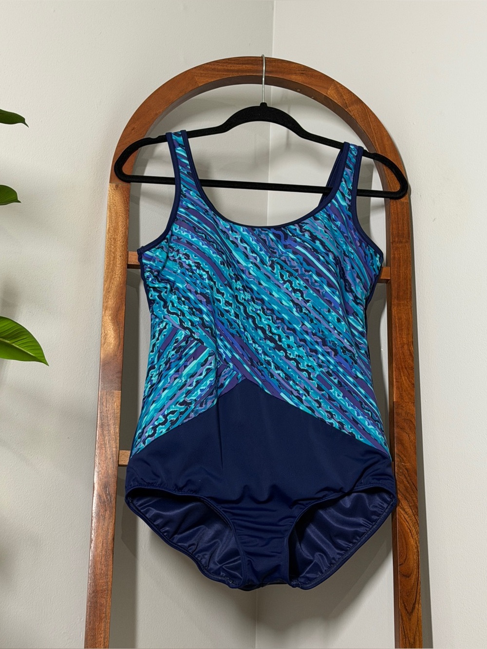 Lands' End 14 Blue Colorblock Print One Piece Swim Bathing Suit